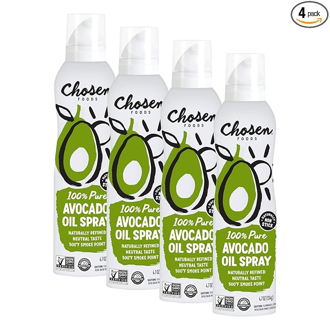 Chosen Foods 100% Pure Avocado Oil Spray Keto Diet Friendly Kosher Cooking Spray for Baking High-Heat Cooking and Frying (6 oz) (Pack of 4)