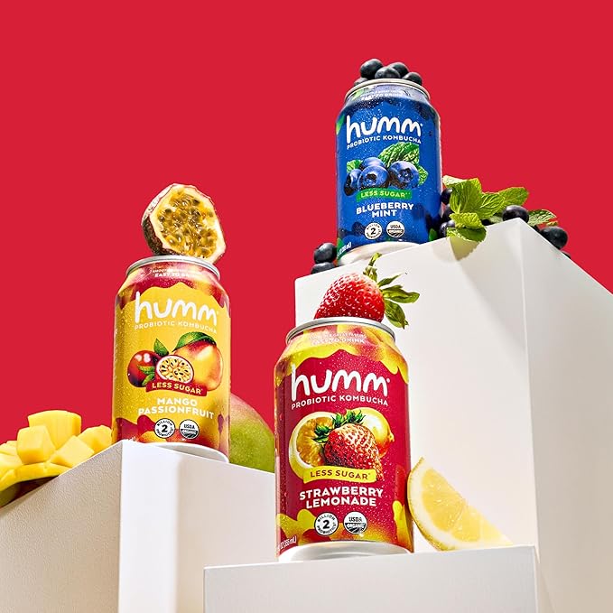Humm Probiotic Kombucha The Original Variety 12 Pack Organic 2 Billion Probiotics for Gut Health Mango Passionfruit Blueberry Mint and Strawberry Lemonade