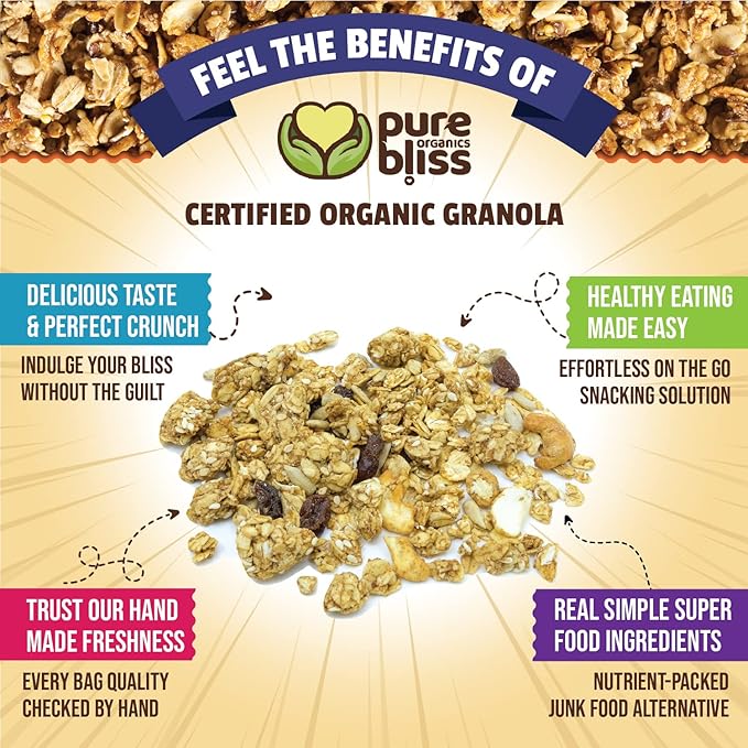 Pure Bliss Organics No Sugar Buzz Cashew Raisin Granola Certified Organic and Gluten Free Vegan Non GMO Low Glycemic Low Sugar Alternative Date Sweetened only Small Batch Artisan Granola Cereal
