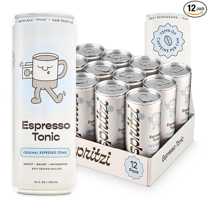 Spritzi Original - Sparkling Espresso Tonic - 75mg Caffeine 45 Cal Fair Trade Coffee Naturally Sweetened Refreshing Energy Alternative - Canned Coffee Drinks (12 Fl Oz x 12 Pack)