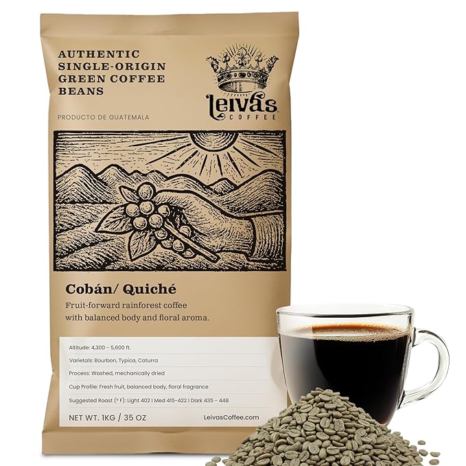Leiva’s Unroasted Green Coffee Beans (1kg) – Coban/Quiche Single Origin Coffee w/Floral &amp Fresh Fruit Notes – Washed Shade Grown Organic Guatemala Beans – Balanced Whole Bean Unroasted Blend