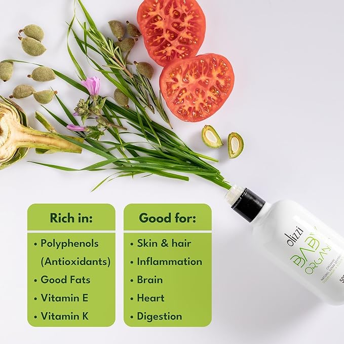 Olive Oil for Baby Food - Olizzi Baby Organic Extra Virgin Olive Oil Cold Pressed USDA Organic Kosher Delicious Smooth Award Winning Polyphenol Rich 16.9 FL OZ (500 ML)