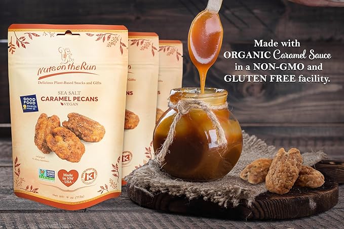 Nuts on the Run Sea Salt Caramel Pecan Pralines – Candied Pecans with Salted Caramel - Vegan Gluten-Free Kosher Non-GMO Glazed Pecans – 4oz (Pack of 3 Pouch Bags) Handmade Snacks