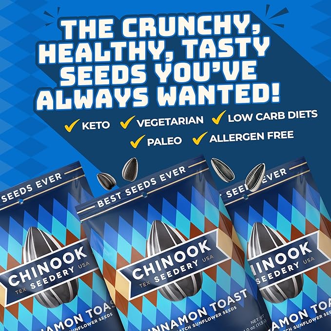 Chinook Seedery Sunflower Seeds to Eat — Jumbo Flavored Roasted Low Sodium Snacks — Keto Friendly Gluten-Free Non-GMO — Cinnamon Toast Flavor 4 oz (12-Pack)