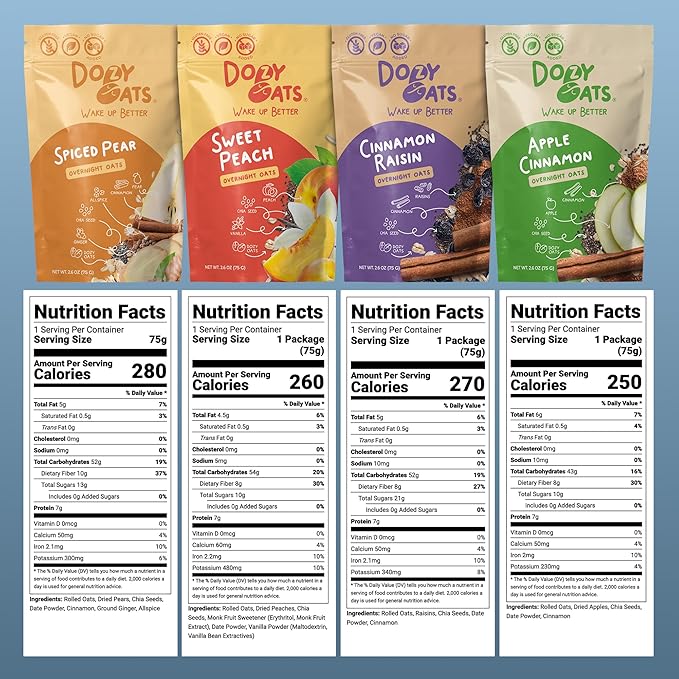 Dozy Oats Overnight Oatmeal Packets Vegan/No Added Sugar Variety Box with Rolled Oats Chia Seeds Date Powder and Dried Fruit. Gluten-Free Natural Source of Protein and Fiber 8-Pack and Jar