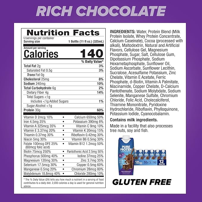 Pure Protein Chocolate Protein Shake &amp Bars High Protein Nutritious Snacks to Support Energy Low Sugar Gluten Free Chocolate Peanut Butter 1.76oz 12 Count (Packaging May Vary)
