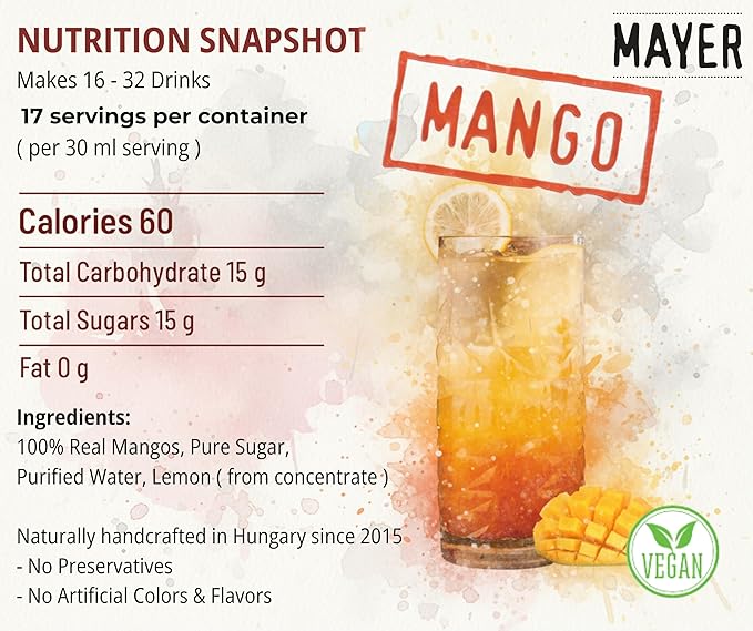 Mayer Mango Syrup for Drinks &amp Cocktails – Handcrafted in Hungary Natural Mango Flavoring Syrup – Handcrafted with 100% Real Fruits for Martini Mocktail Smoothie Lemonade Pancakes Ice Cream