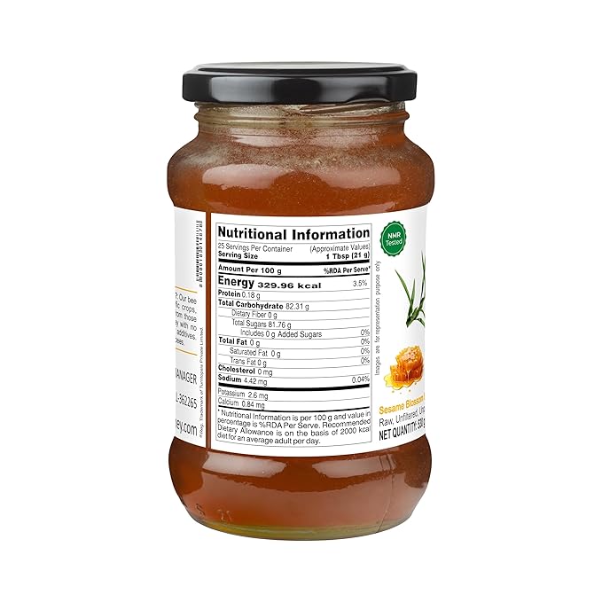 INDIGENOUS HONEY Sesame Til Honey Raw Organic Natural Pure Unprocessed NMR Tested Unpasteurized Unheated 530g Glass Jar Pack of 1