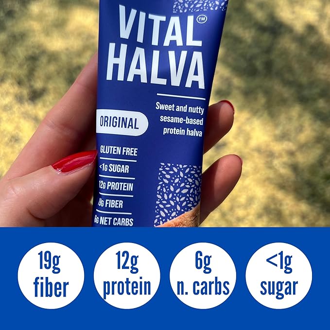 Vital Halva Gut-Friendly Sesame Bar 19g Fiber 12g Protein &lt1g Sugar Gluten-Free Vegan Snack - Original 65g (Box of 10)