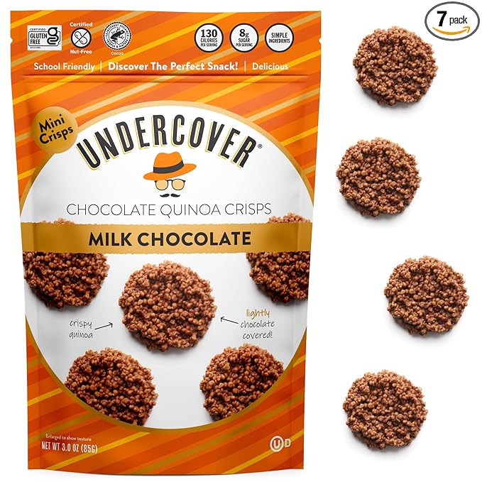 Undercover Snacks Chocolate Quinoa Crisps - Milk Chocolate | 7-Pack 3oz Bags of Mini Crisps | Gluten Free Nut-Free Allergen Friendly Kosher