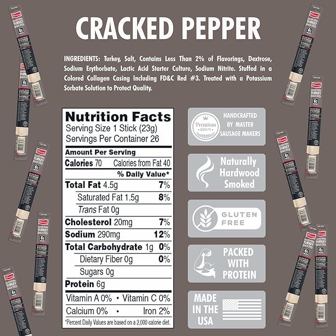 Jerky.com Cracked Pepper Turkey Snack Sticks 26 Pack (24 + 2 Bonus) | 6g Protein 90 Calories Gluten-Free Individually Wrapped Keto Friendly Low Carb Snack | Naturally Hardwood Smoked Jerky Meat S