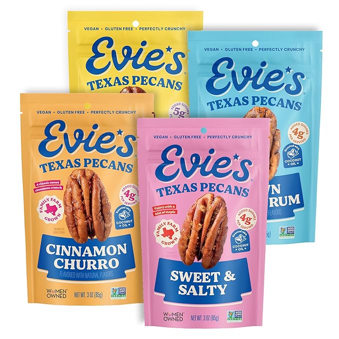 Evie's Pecans - Variety Pack of Roasted Texas Pecan Snacks - 4 Flavors - Healthy Non-GMO Gluten-Free and Vegan - 3 Oz 4-Pack - Made-in-the-USA