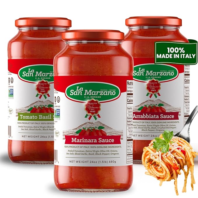 La San Marzano Variety Pack Tomato Basil Arrabiata Marinara Sauce 24 oz Pasta Sauce Made in Italy All Purpose Tomato Premium Quality All Natural Mediterranean Diet Non GMO Vegan Gluten Free