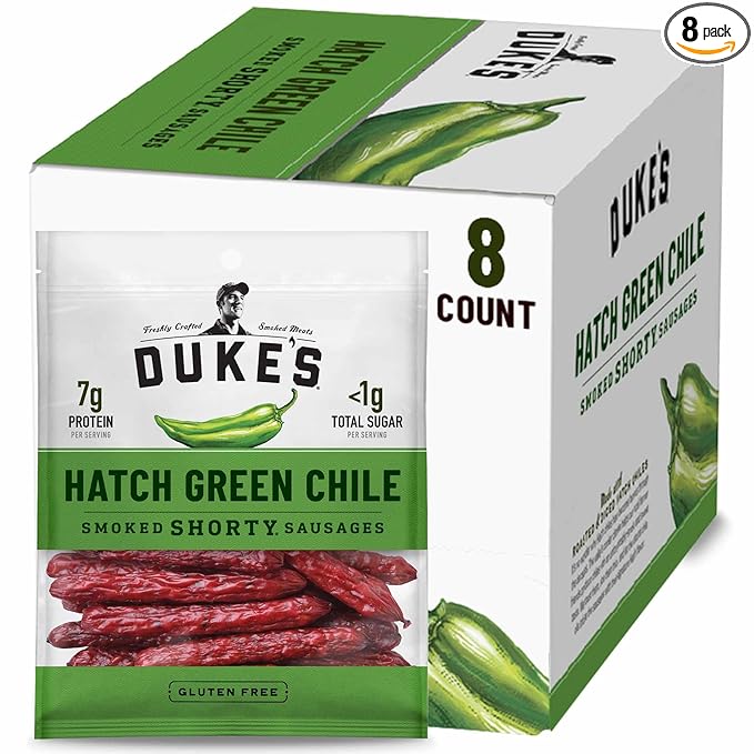 Duke's Pork Hatch Green Chile Smoked Shorty Sausages 7g Protein Per Serving Easter Basket Stuffer for Men 5 oz. (Pack of 8)