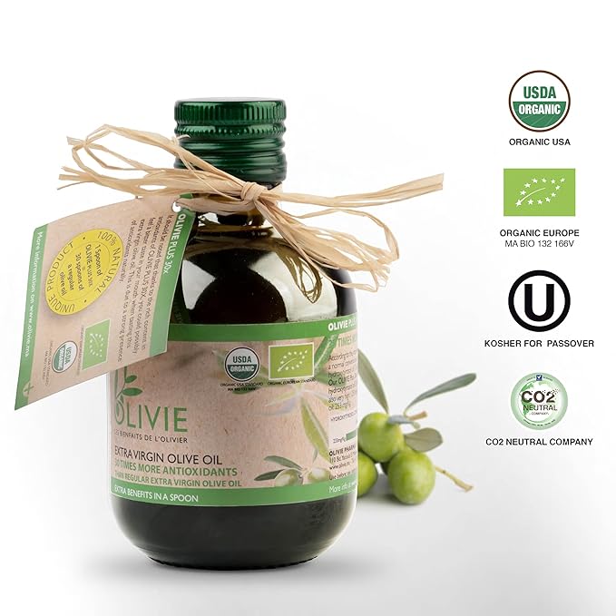 Organic High Polyphenol Rich Extra Virgin Olive Oil OLIVIE PLUS 30X | Moroccan Desert Olive Oil | EVOO | Organic Kosher | 250 ml Glass Bottle