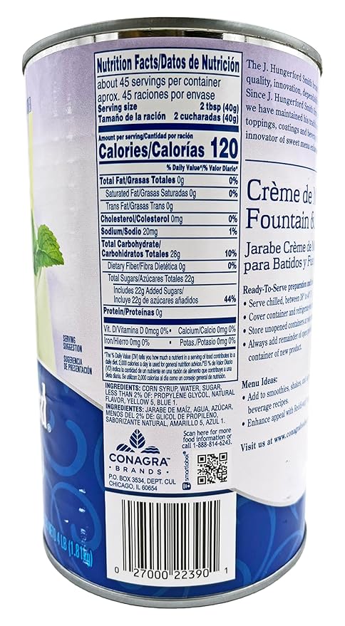 J Hungerford Smith Creme De Menthe Fountain &amp Milkshake Syrup | Kosher | Made In America | 4 lb