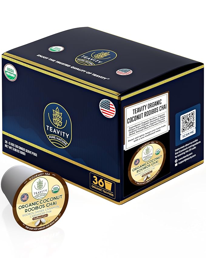Coconut Rooibos Chai Tea Pods for Keurig - Organic Ginger Tea Rooibos Cinnamon Cardamom Coconut &amp Chai by Teavity (36 Tea Pods)
