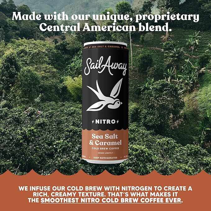 Sail Away Coffee Nitro Cold Brew Coffee Cans - Less Acidic Coffee Beverages | Draft Nitrogen Pour 220mg Caffeine Gluten Free Organic Keto Sea Salt &amp Caramel 6 Pack