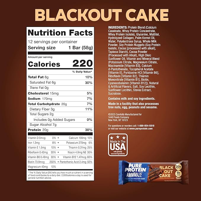 Pure Protein AMMMAZE Blackout Cake Protein Bars 12 Count – 20g Protein 3g Fiber No Added Sugar – Chocolate Meal Replacement - On the Go Snacks