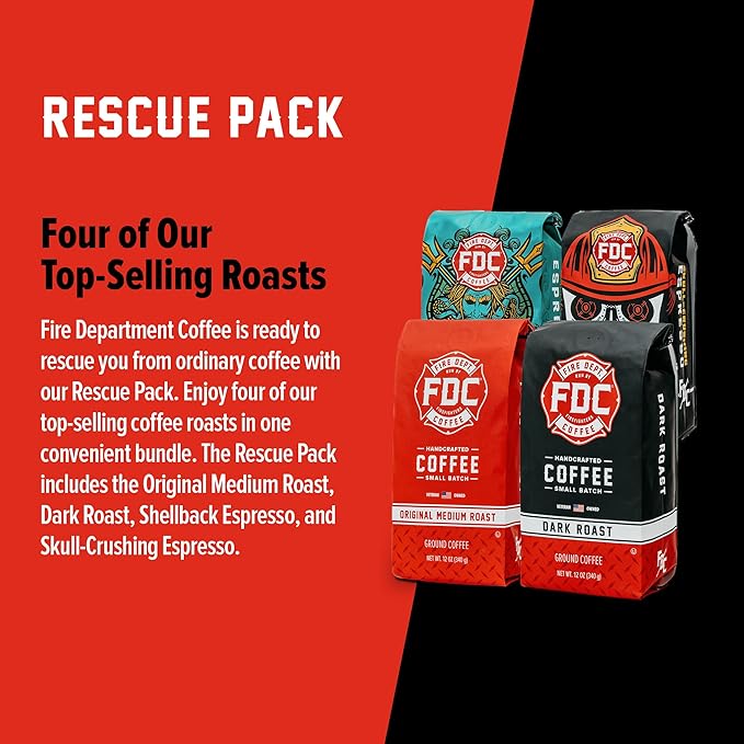 Fire Department Coffee - Gives Back to Firefighters - Rescue Variety Pack - Ground Coffee - Medium Dark Shellback Espresso &amp Skull Crushing Espresso - Veteran Owned (12 oz Pack of 4)