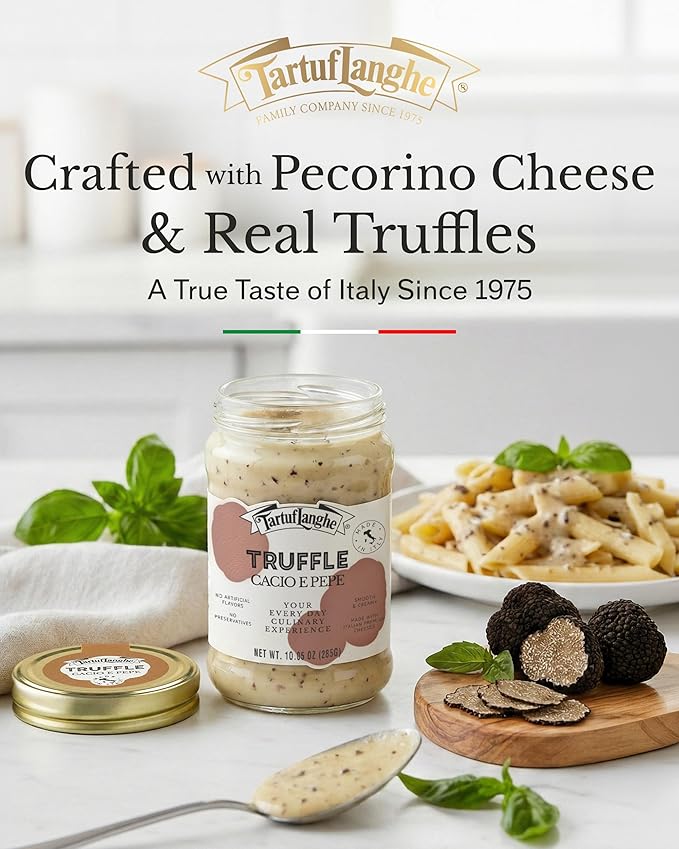 TartufLanghe Cacio e Pepe Truffle Sauce - Authentic Italian Pasta Sauce with Black Truffle &amp Pecorino Romano Cheese for Risottos Gnocchi Ravioli Imported from Italy - 10.05 oz