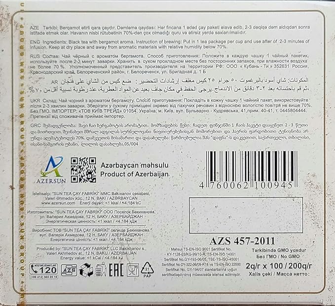 Azercay Black Tea with Bergamot Aroma Disposable Tea Bags - Packed - 200 gr