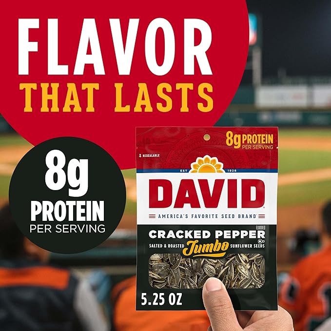 DAVID Roasted and Salted Cracked Pepper Jumbo Sunflower Seeds Keto Friendly 5.25 oz 12 Pack