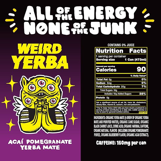 Drink Weird Best Sellers Variety Pack - Acai Pomegranate Yerba Mate White Peach Oolong Tea Mystical Mint Yerba Mate. 12pk of 16oz Cans. Better Energy Drink Alternative.