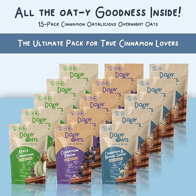 Dozy Oats Overnight Oatmeal Packets Cinnamon Oatalicious Variety Box with Rolled Oats Chia Seeds Date Powder and Dried Fruit. Gluten-Free Natural Source of Protein and Fiber 15-Pack