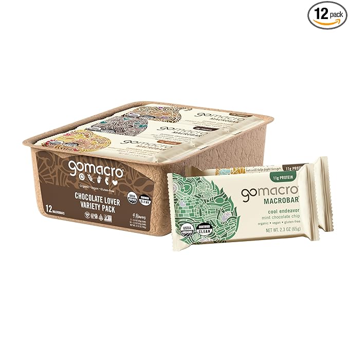 GoMacro MacroBar Organic Vegan Protein Bars - Chocolate Lover Variety Pack (2.3 Ounce Bars 12 Count)