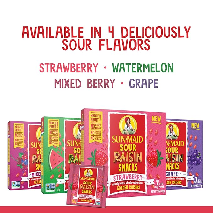 Sun-Maid Sour Watermelon Fruity Raisin Snacks - (56 Pack) 0.7 oz Pouches - Sour Watermelon Raisins - Dried Fruit Snack for Lunches and Snacks