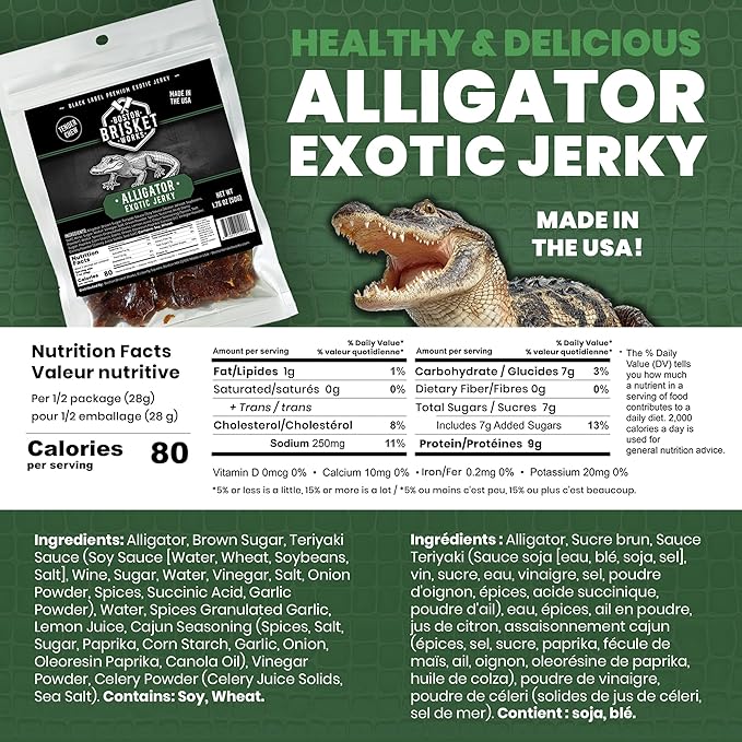 ALLIGATOR JERKY - 100% Gator Meat - Weird Food &amp Exotic Snack - Funny Birthday Present for Him Dad - Bizarre Edible Gift