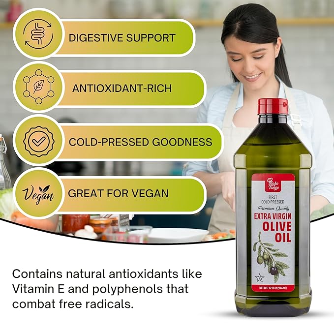 Bake and Tango 32 fl oz Extra Virgin Olive Oil - 100% Pure Cold-Pressed Certified Kosher Premium Quality for Cooking Baking and Salad Dressings