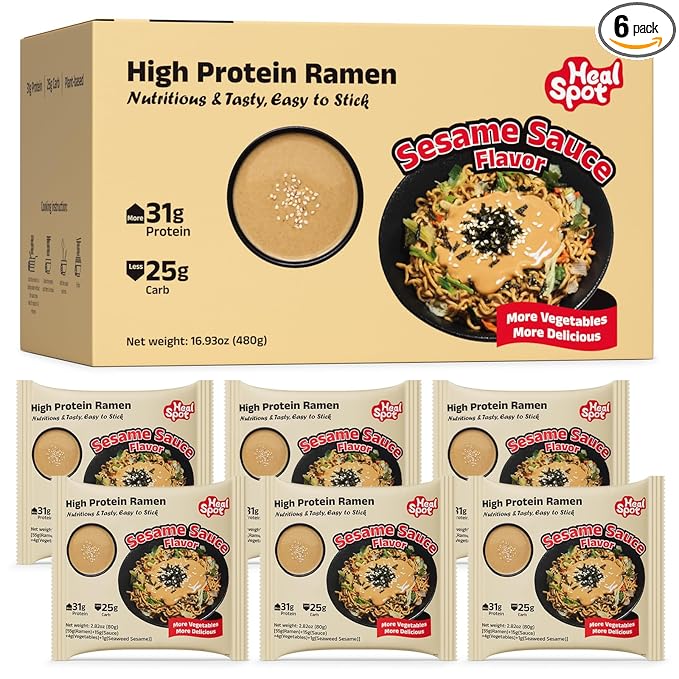 HealSpot High Protein Instant Ramen 30g Plant Based Protein Low Fat Low Carb Non GMO Keto Friendly Plant Based Dry Mixed Ramen 6 Packs of Sesame Sauce Flavor