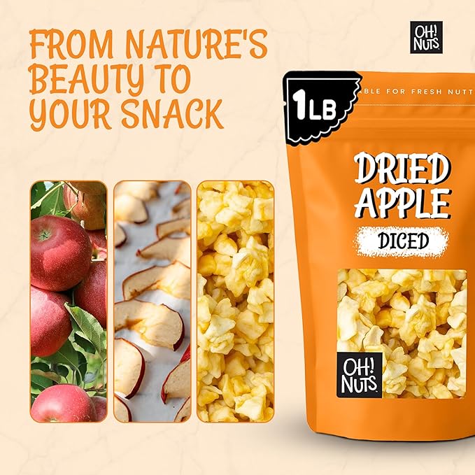 Oh! Nuts Dried Apple - 1 lb - Dried Fruit Diced - No Added Sugar - Dehydrated Fruit Bites - Packed in New York Zip-Seal Bag for Exceptional Freshness