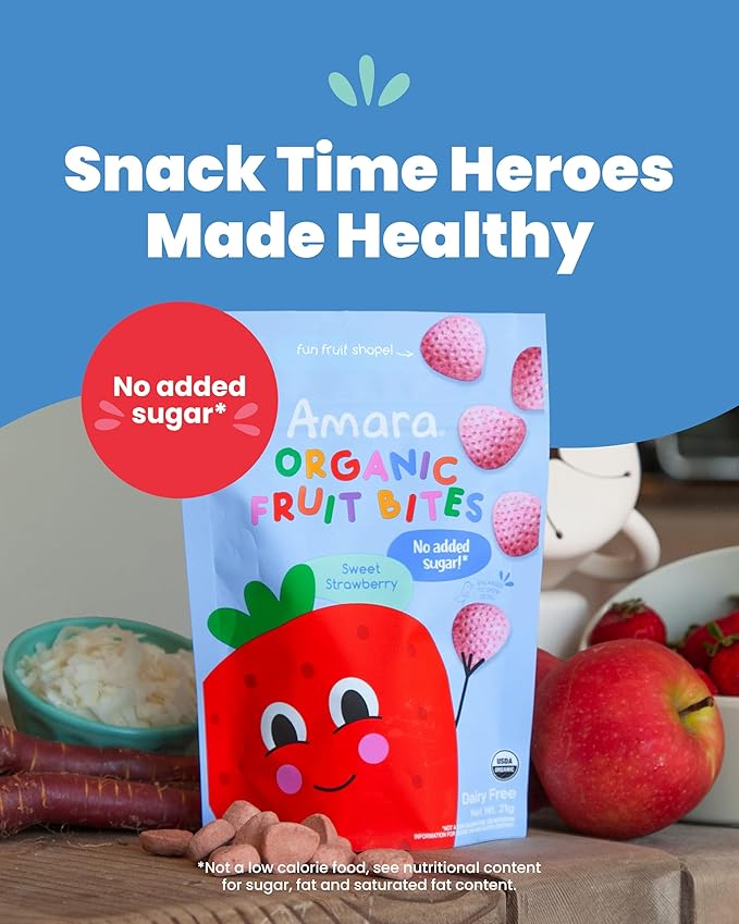 Amara Organic Fruit Bites Sweet Strawberry - No Added Sugar Dairy-Free Nut-Free Organic Fruit Snacks Made with Organic Whole Foods Allergy-Friendly Healthy Fruit Snacks for Kids - 21g 6PK