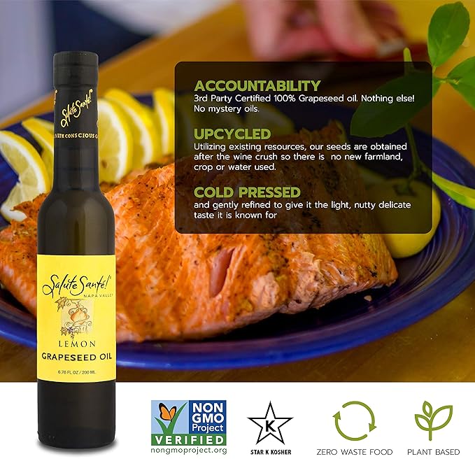 Salute Santé! Lemon Infused Grapeseed Oil — vegetable oil cooking oil grapeseed oil — Light Lemon Aroma Finishing &amp Marinades Sautéing and Roasting Gourmet kitchen essential for everyday cooki