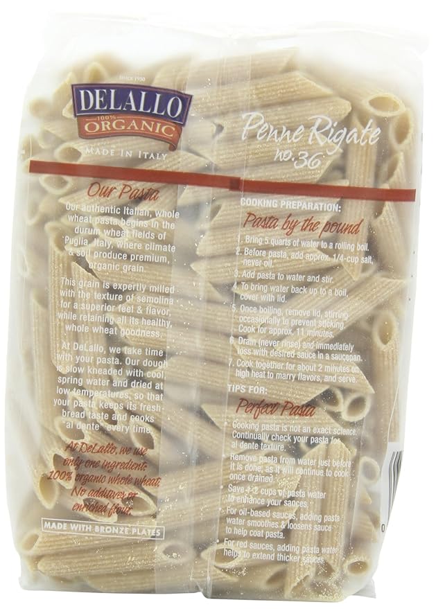 DeLallo Organic Whole Wheat Penne Rigate #361 Pound (Pack of 16)