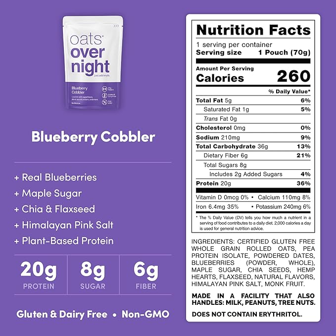 Oats Overnight Banana Bread 8 Pack &amp Blueberry Cobbler 8 Pack - Vegan 20g Protein High Fiber Breakfast Shake - Gluten Free Non GMO Oatmeal