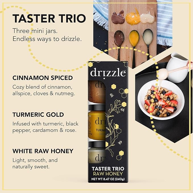 Drizzle Honey Taster Trio - All Natural Pure Raw Honey Unfiltered White Cinnamon Spiced &amp Turmeric Gold Mini Jars Use in Tea &amp Coffee Sugar Substitute Certified Kosher - Pack of 6