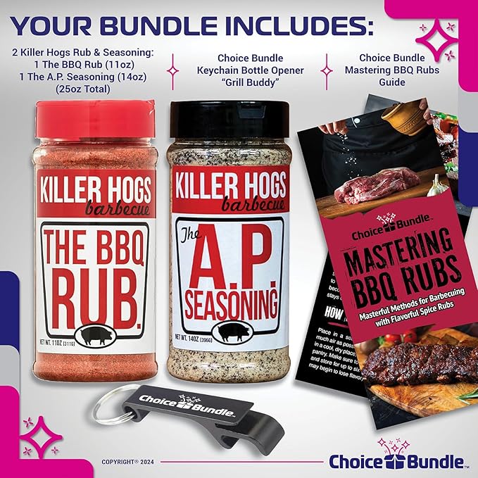 Killer Hogs AP All Purpose Seasoning &amp The BBQ Rub Premium Variety 2 Pk (25 oz) + Barbecue Masters &amp Bottle Opener (4 Items)!
