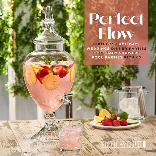 Beverage Dispenser for Countertop - 1 Gallon Large Glass Drink Dispenser w/Spigot &amp Lid - Party Drink Dispenser for Sweet Tea Lemonade Punch Water Juice Dispensers for Parties