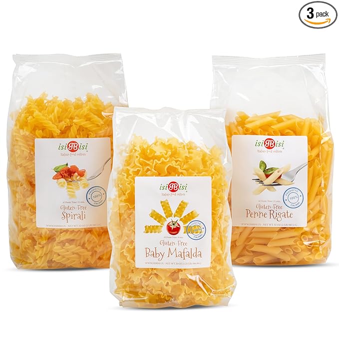 isiBisi Gluten-Free Pasta Sampler 3-Pack - Penne Baby Mafalda Spirali Noodles - Non GMO Vegan Made in Italy