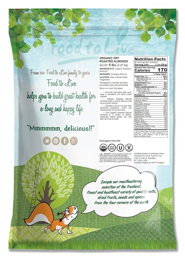 Food to Live Organic Dry Roasted Almonds 5 Pounds – Non-GMO Unsalted Vegan Keto Paleo Kosher Bulk High in Protein Dietary Fiber Vitamin E Copper Manganese Magnesium and Riboflavin.
