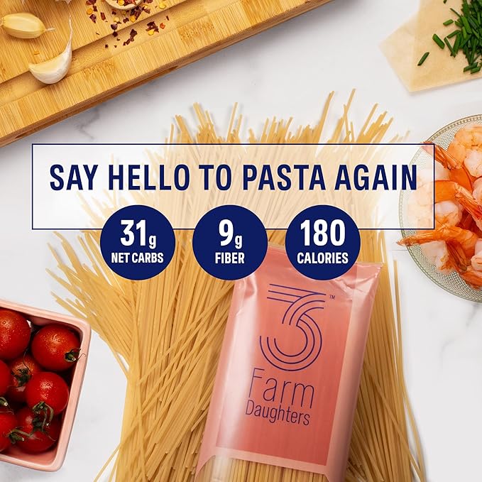 Three Farm Daughters High Fiber Pasta Spaghetti Pack Irresistible Low GI Non GMO Spaghetti Pasta Noodles Low Net Carb Made in the USA from Just 2 Simple Ingredients 12 oz. (4 Pack)