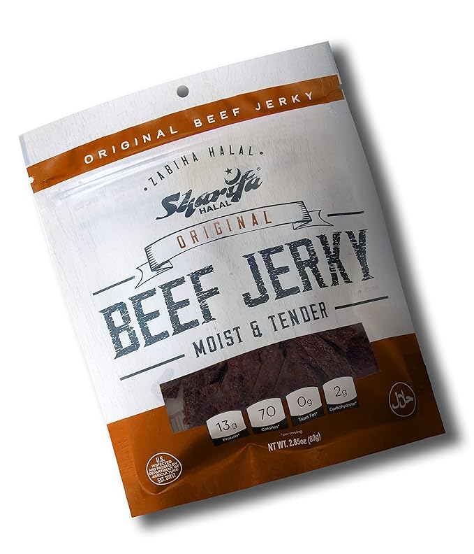 Sharifa Halal Beef Jerky Original (5 Pack) Each Bag 2.85 oz – Great Everyday Halal Jerky Beef Meat Snack 100 % Real Zabiha Halal Beef 13g of Protein 70 Calories 0g Trans Fat &amp 2g of Carbohy