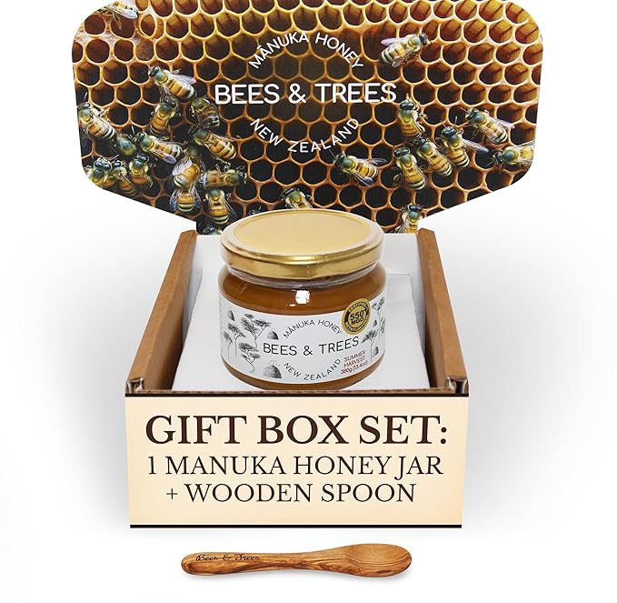 Bees &amp Trees Manuka Honey 550+ MGO – New Zealand Pure Monofloral Raw – Premium &amp Minimally Processed for Health Strength &amp Vitality – Unpasteurized Superfood in Gift Set - 380g (13.4oz)