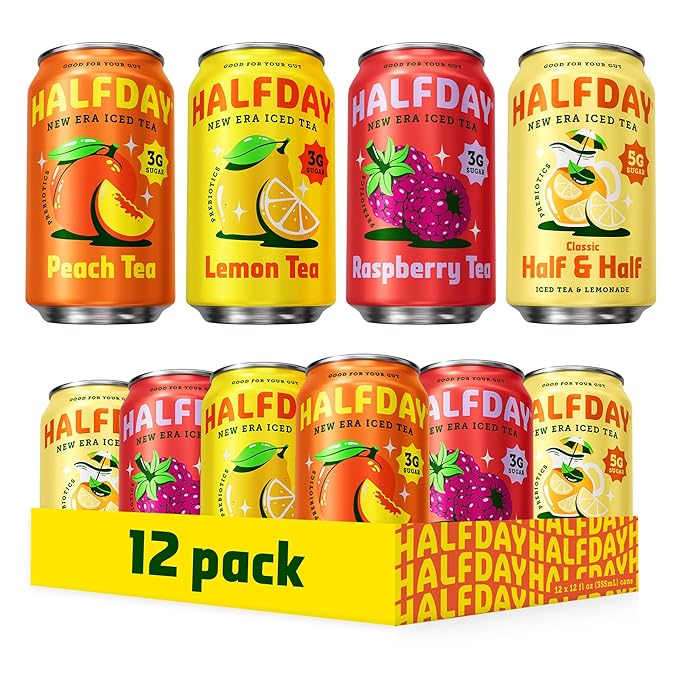 HALFDAY Prebiotic Iced Tea Lemon Peach Raspberry and Half &amp Half Variety Pack Gut Health Plant Fiber &amp Prebiotics 3-5g of Sugar 35 Calories Natural Caffeine Gluten Free Keto 12 fl oz