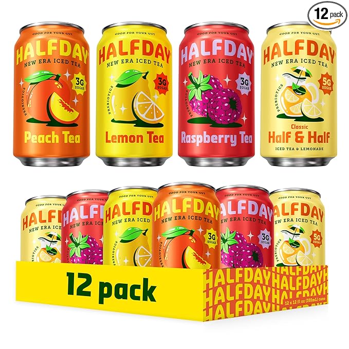 HALFDAY Prebiotic Iced Tea Lemon Peach Raspberry and Half &amp Half Variety Pack Gut Health Plant Fiber &amp Prebiotics 3-5g of Sugar 35 Calories Natural Caffeine Gluten Free Keto 12 fl oz