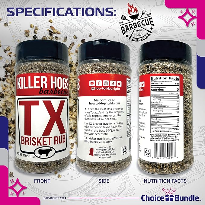 Killer Hogs Steak Rub &amp TX Texas Brisket Rub Premium BBQ Barbecue &amp Seasoning 4 pk Variety Choice Bundle (44 oz) + BBQ Guide &amp Keychain Bottle Opener (6 Items)!
